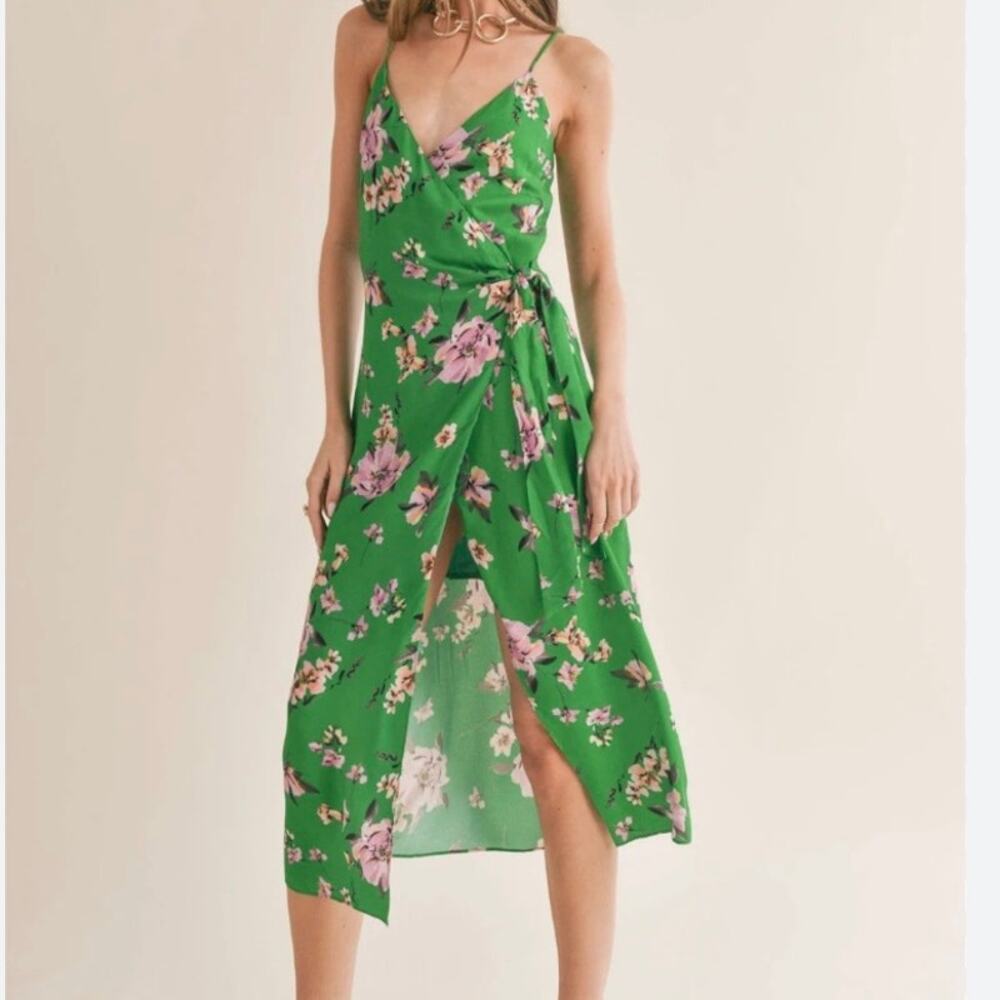 SAGE THE LABEL | Green Floral Wrap Tie‎ Waist Maxi Dress NWT | Small